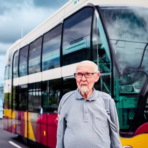 Prompt: a elderly man standing on top of a transperth bus, canon eos r 3, f / 1. 4, iso 2 0 0, 1 / 1 6 0 s, 8 k, raw, unedited, symmetrical balance, wide angle