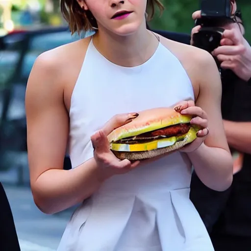 Image similar to Emma Watson eating a cheeseburger, photo realistic, award-winning, highly-detailed, epic, cinematic, dramatic