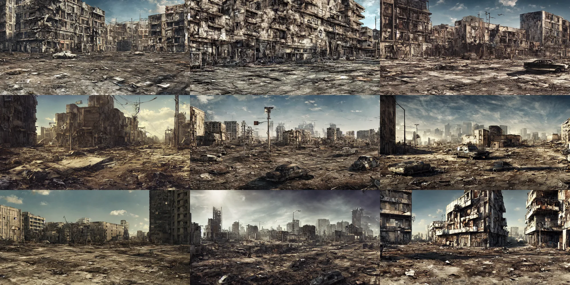 Prompt: Sunny day, decaying dystopian wasteland, urban neighborhood, ghetto hyperrealism photorealistic photography hyper real resolution cinematic