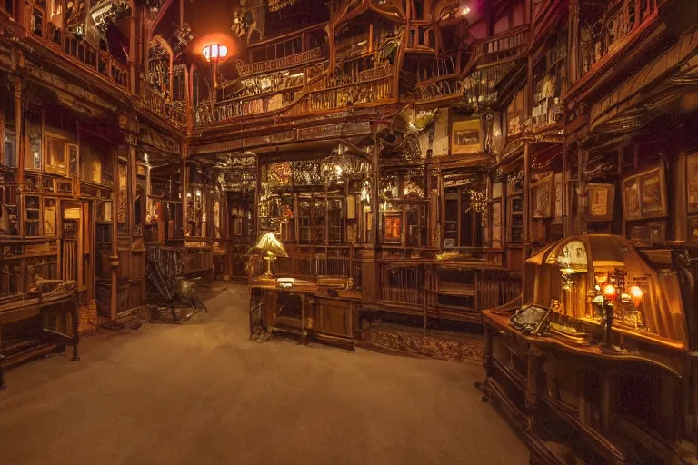 Prompt: full - color photo of the interior of the spooky winchester mystery house at night. the interior architecture and layout are illogical, surreal, bizarre, complicated, and labyrinthine. there is a faintly - visible victorian ghost lurking.