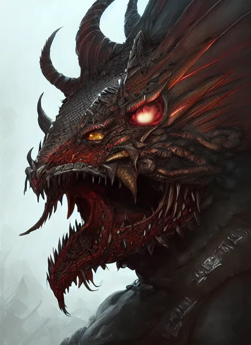 Image similar to portrait of an angry faitytale dragon the armor, beautiful face, hyper realistic, highly detailed, digital painting, artstation, illustration, concept art by hyung tae and frank frazetta, digital paint, matte paint, washed colors, eating cakes, dark, gloomy, foggy