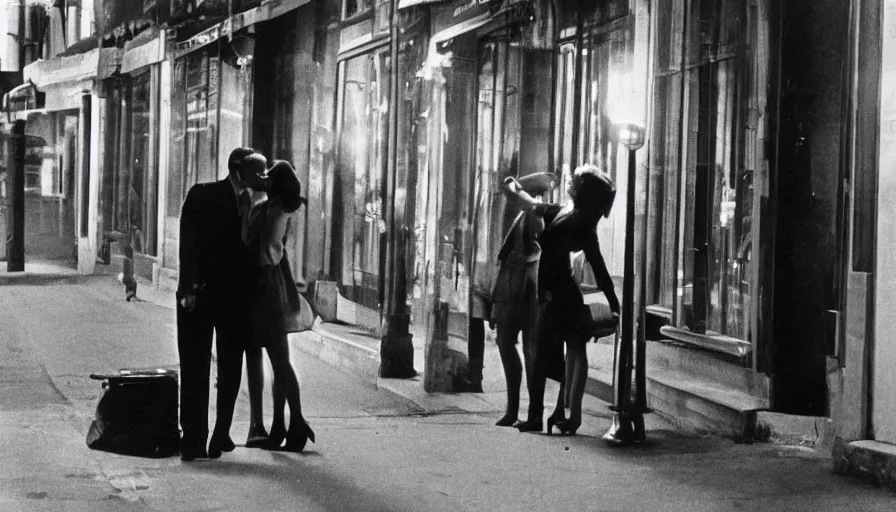 Image similar to “A still from a modern French art house movie 1960’s. City street, car, man and woman in love, Cinematic lighting, highly detailed, close-up,”