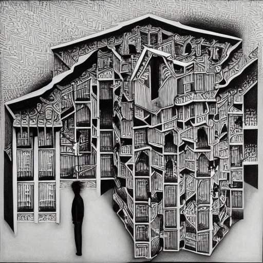 Prompt: impossible penrose house by M.C. Escher, painting with intricate details, black and white