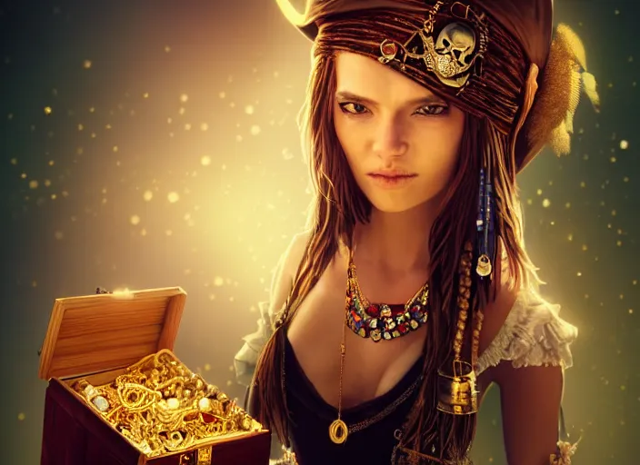 Prompt: full body picture of a pirate girl, hard breathing, messy hair, very excited, sparkling eyes, front of the treasure box, jewels and gold on the background, coveted, beautiful and aesthetic and attractive and detailed face, specular reflection, occlusion shadow, intricate, bokeh, masterpiece, by ilya kuvshinov and ross tran and quentin mabille