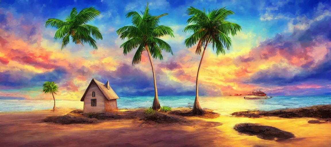 Image similar to small house on a tiny island in the middle of the ocean, sandy beach surrounding the island, (((colorful clouds))), sunset, palm trees, digital art, artstation