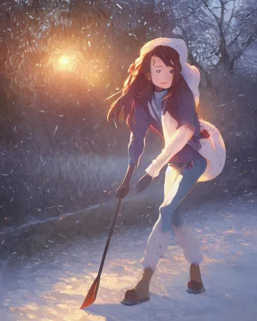 Image similar to a girl raking leaves on a cold autumn's day, full shot, atmospheric lighting, detailed face, by makoto shinkai, stanley artgerm lau, wlop, rossdraws