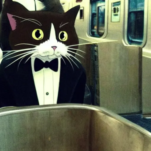 Prompt: “ unhappy cat wearing a suit holding coffee riding the subway, studio ghibli, spirited away, anime, by hayao miyazaki ”