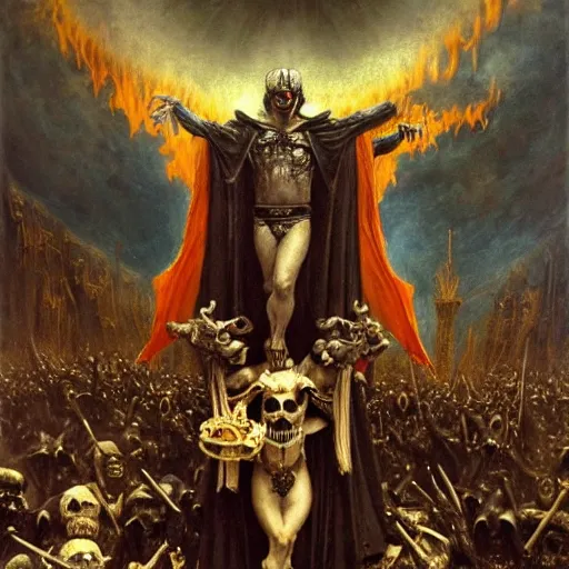 Prompt: dante's inferno, with people in black hooded tunic like in the film eyes wide shut of stanley kubrick, illuminati symbol, crows, skeletons, crosses, dark beauty, rotten gold, perfect faces. highly detailed painting by gaston bussiere and j. c. leyendecker 8 k