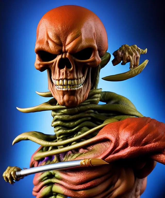 Image similar to hyperrealistic rendering, skeletor, by art of skinner and richard corben and jeff easley, product photography, action figure, sofubi, studio lighting, colored gels