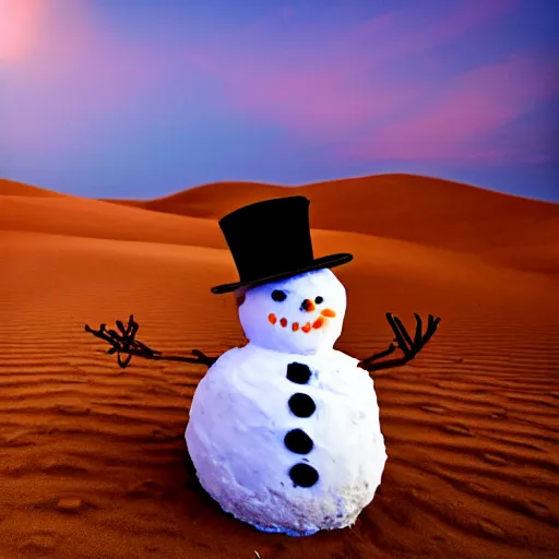 Image similar to a snowman is lost in the desert at sunset, he’s next to a sandcastle, beautiful photography, 8k, ambient light