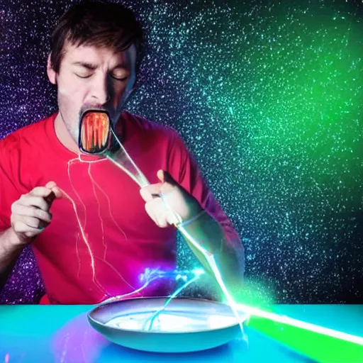 Image similar to a man eating a bowl of lazers