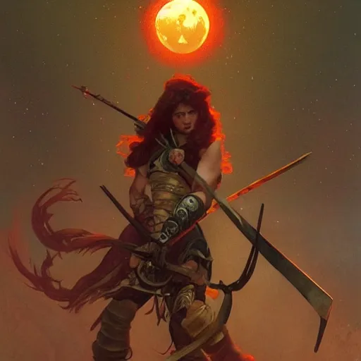 Prompt: Berserker warrior wielding a greataxe under a red moon, digital art, art by Alphonse Mucha, Greg Rutkowski, Alex Ross, WLOP, Artstation, 8K