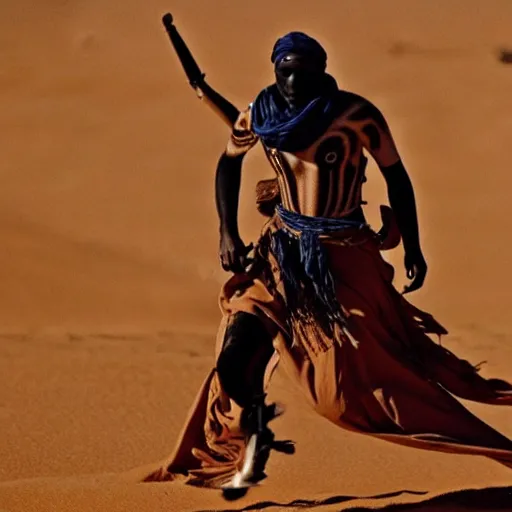 Prompt: a sand wraith dressed as a tuareg, movie still