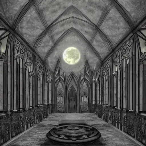 Image similar to large gothic hall with large eyes on the ceiling, horror movie, moonlight, artstation, detailed, colorfull, futuristic