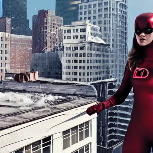 Prompt: female daredevil on top of a building, octane, realistic lighting, marvel movie still