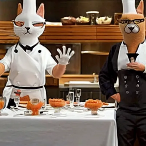 Image similar to anthropomorphic cats competing in masterchef