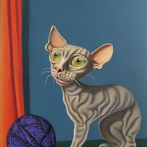 Prompt: painting of a devon rex, cornish rex cat playing with a ball of yarn, magritte