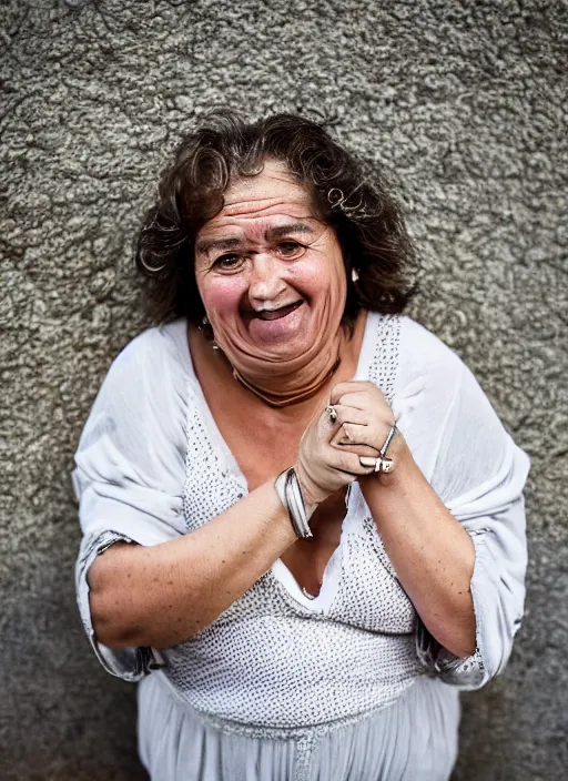 Prompt: Mid-shot portrait of an exquisite 50-year-old woman from Spain, chubby, with lovely look, happy, candid street portrait in the style of Martin Schoeller award winning, Sony a7R