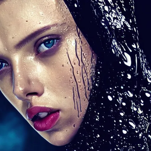 Prompt: close up of face of a wet fashion model scarlet johansson in luxury dress, heavy rain, dramatic lighting, official dior editorial, highly detailed