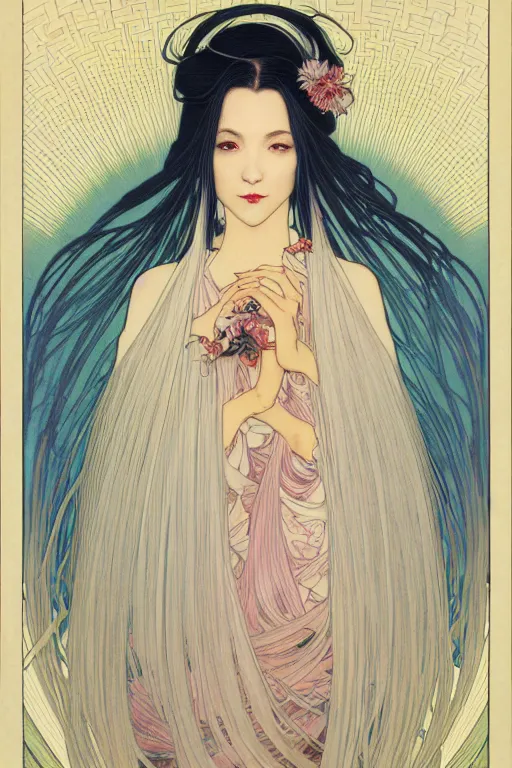 Image similar to magnum opus portrait professional photograph female holding white hair glowing, blush, pleated skirt, flowing hair, slim face, elegant, by yoichi hatakenaka, alphonse mucha, masamune shirow, josan gonzales and dan mumford, ayami kojima, takato yamamoto, barclay shaw, karol bak, yukito kishiro