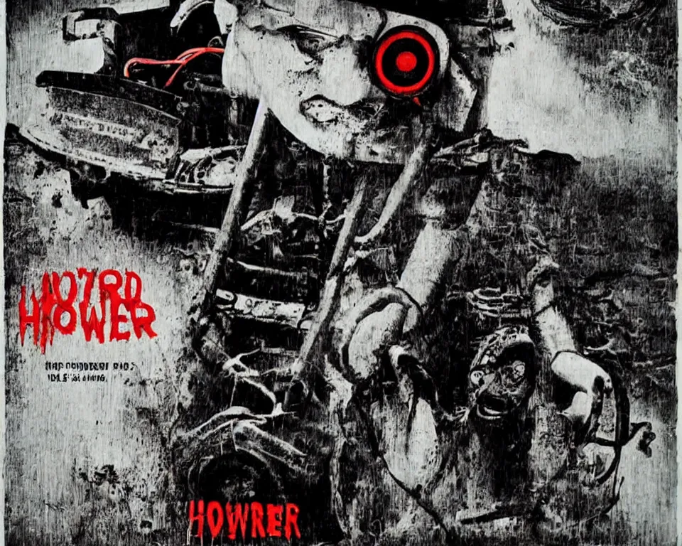 Prompt: a horror movie poster featuring a lawnmower with eyes