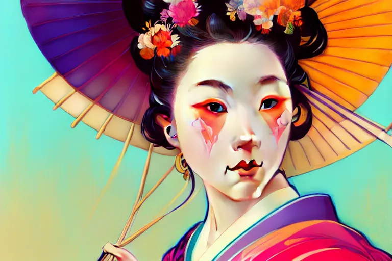 Prompt: close up portrait shot of a beautiful geisha wearing flowing colourful clothes, alphonse mucha, rhads, ross tran, artstation, artgerm, octane render, 1 6 k