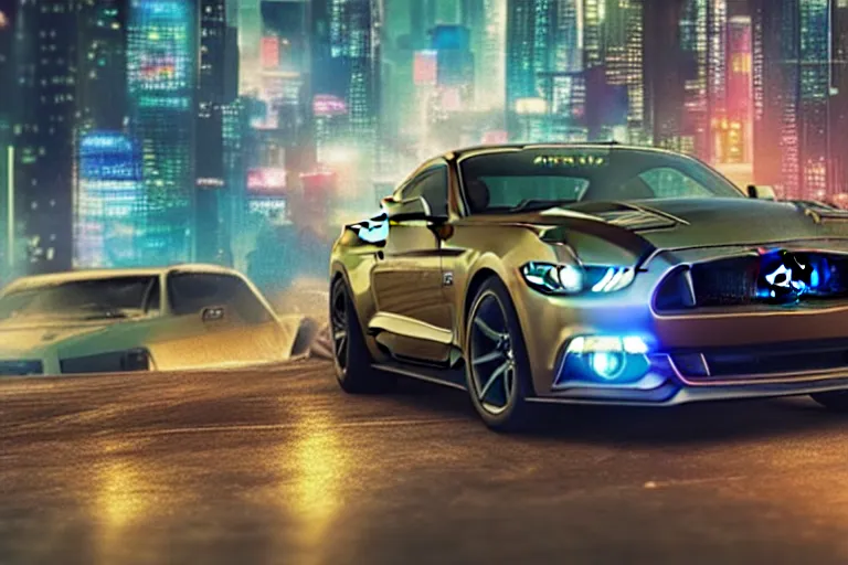 Image similar to ford mustang in cyberpunk city