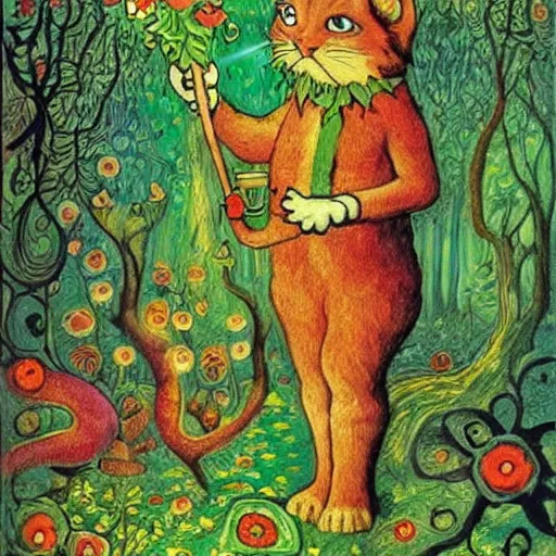 Image similar to a green genie ready to grant wishes deep in the forest, fantasy illustration, Louis wain