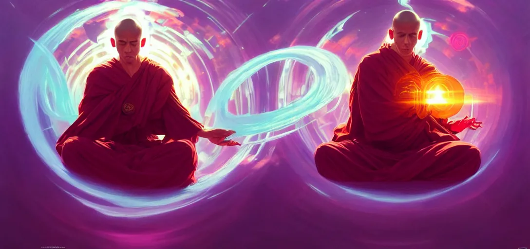 Image similar to a floating monk meditating, channeling swirling energy, wearing netrunner clothing, vaporwave aesthetic, colorful, psychedelic, digital painting, artstation, concept art, smooth, sharp focus, illustration, art by artgerm and greg rutkowski and alphonse mucha