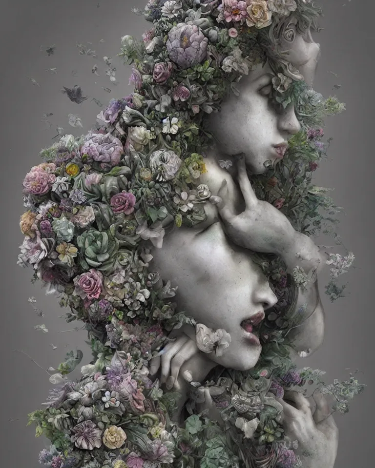 Image similar to a marble statue made of flowers made of mist, Andrew Ferez, Charlie Bowater, Marco Mazzoni, Seb McKinnon, Ryohei Hase, trending on cgsociety, featured on zbrush central, new sculpture, mystical