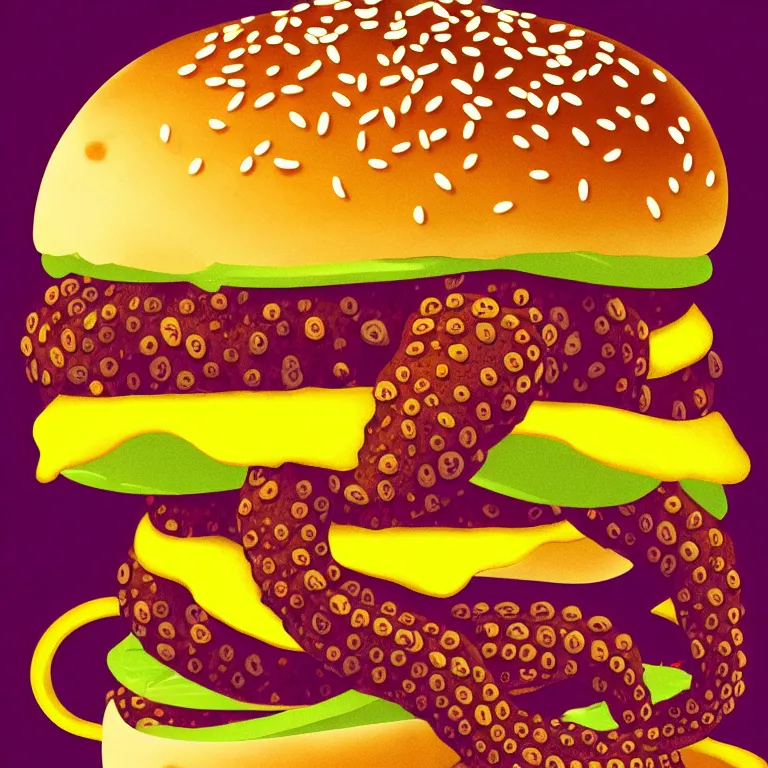 Image similar to illustration of a an octopus inside a cheeseburger, highly detailed, 8 k, vintage, screen print, trending on artstation