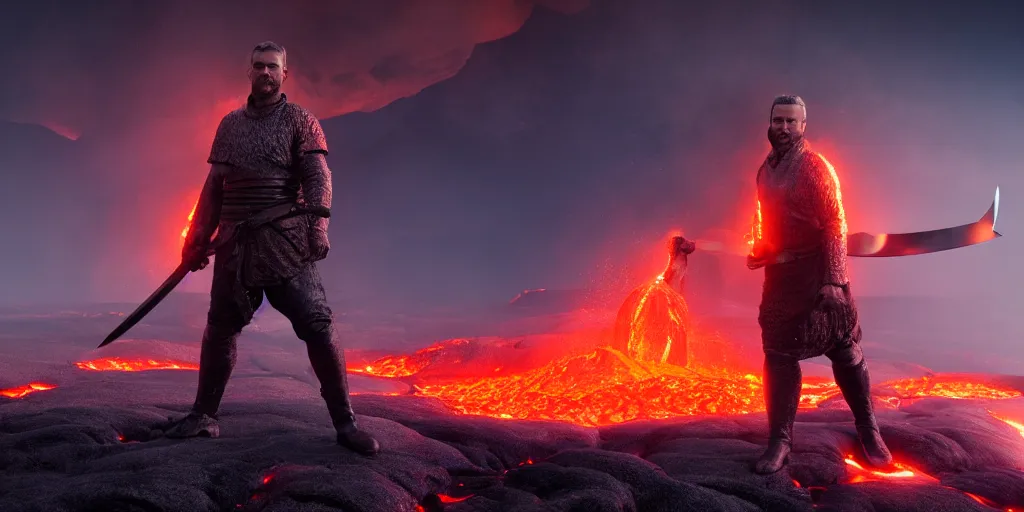 Prompt: Film still of a man holding a sword over lava, 4k, trending on artstation