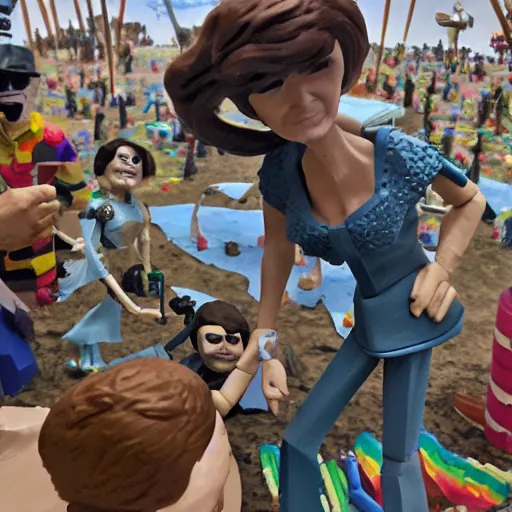 Prompt: jackie kennedy at burning man, activity play centre, stop motion vinyl action figure, plastic, toy, wayne barlowe style