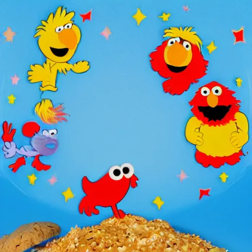 Image similar to the creation of adam but with elmo and the cookie monster instead, sesame street, in an absurdist style, heavenly, cosmic, god rays, intricate detail, 8 k,