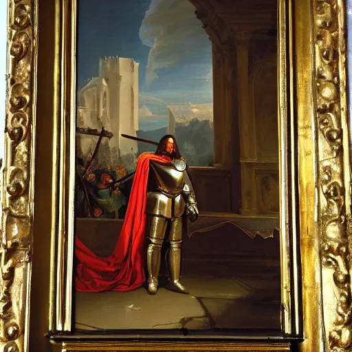 Image similar to an oil painting of a knight wearing plate armor in a church, 4 k, highly detailed, painted by thomas cole