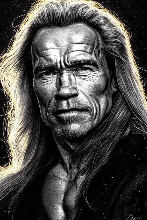 Prompt: Portrait of arnold Schwarzenegger with long white hair, elegant, photorealistic, highly detailed, artstation, smooth, sharp focus, celtic rune ornaments, neon lighting, sci-fi, art by Klimt