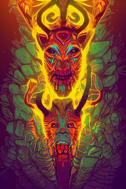 Image similar to totem animal tribal chaman vodoo mask feather gemstone plant wood rock video game illustration vivid color borderlands by josan gonzales and dan mumford radiating a glowing aura global illumination ray tracing