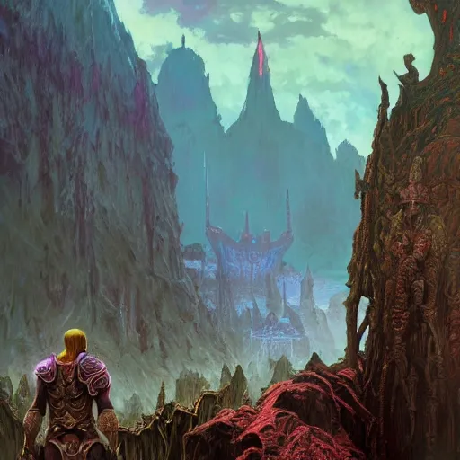 Image similar to bright, colorful, realistic, detailed from Elder Scrolls: shivering isles concept art Geiger and Beksiński dark depths of the dwarven kingdom backlighting, kodachrome, high contrast, highly detailed, sharp focus, digital painting, concept art, illustration, trending on artstation, comic book by Alex Ross and Adam Adamowicz cover art