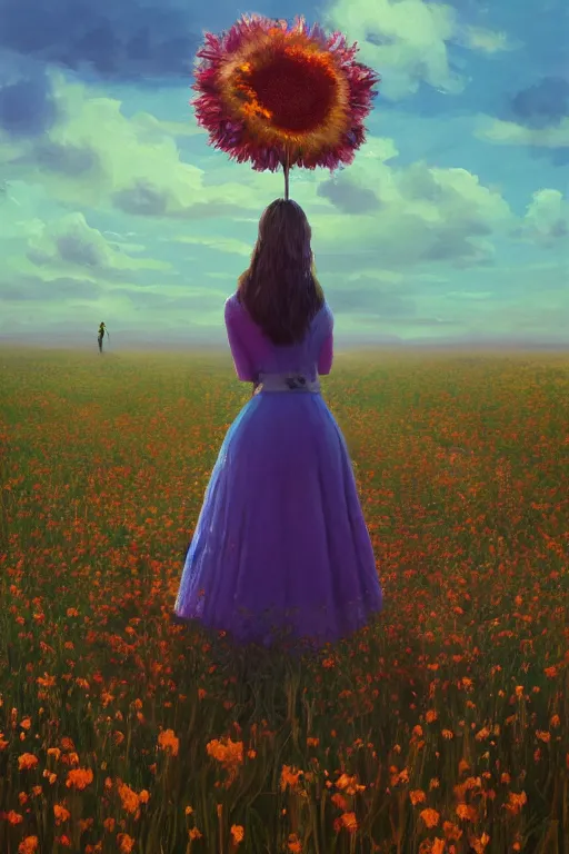 Image similar to closeup, giant flower head, girl in suit standing in a field of flowers, surreal photography, sunrise, blue sky, dramatic light, impressionist painting, digital painting, artstation, simon stalenhag