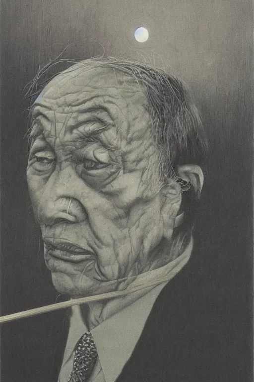 Prompt: portrait of Akira Kurosawa by Zdzislaw Beksinski
