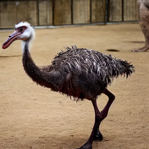 Prompt: ostrich and velociraptor hybrid animal, realistic picture, taken in zoo