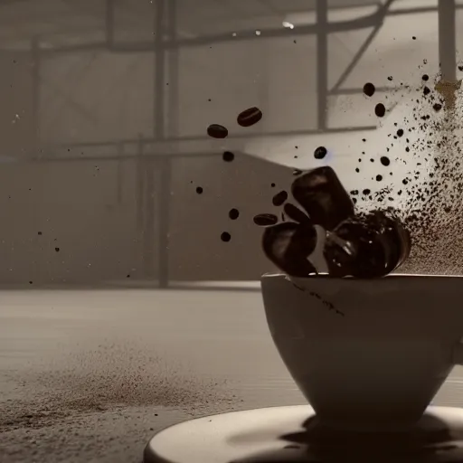 Image similar to : sloppy old cup of coffee spilling everywhere unrealengine ,cinematic, hyper realism, high detail, octane render, 8k