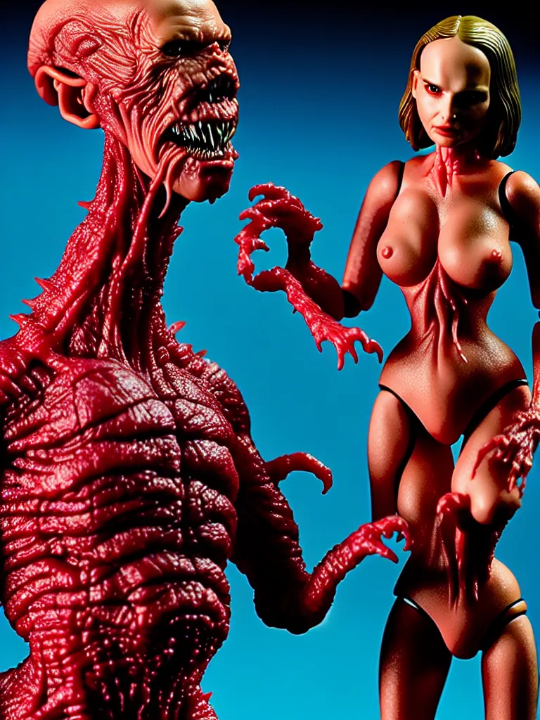 Image similar to hyperrealistic rendering, fat smooth john carpenter flesh monster natalie portman by bernie wrightson and killian eng and joe fenton, product photography, action figure, sofubi, studio lighting, colored gels, colored background