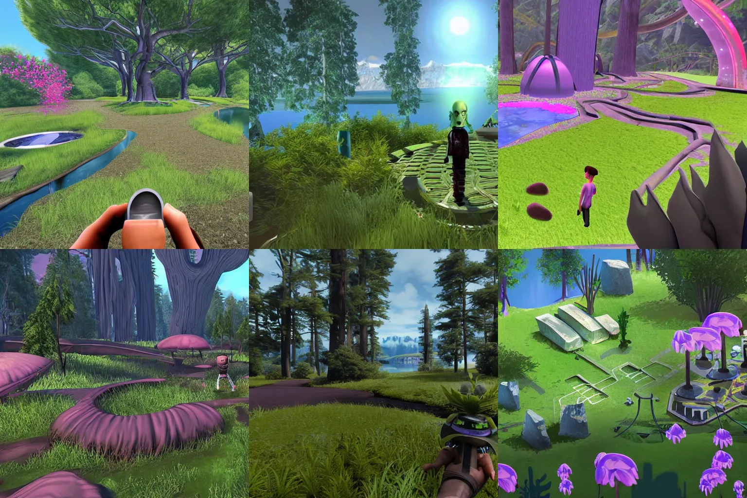 Prompt: third person view, in a park and next to a lake, in a small town on an alien planet, with strange alien plants and flowers, no people, from a space themed Serria point and click 2D graphic adventure game, made in 2019, high quality graphics