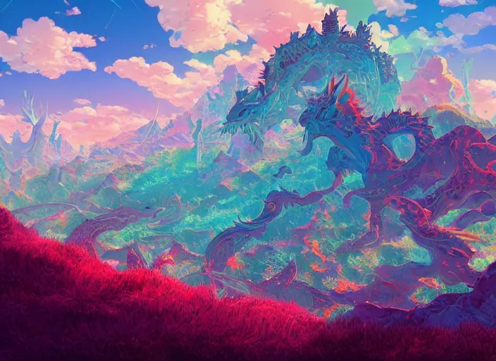 Image similar to psychedelic art of a landscape made of dragons, thousands of dragons, detailed, cel shaded, by makoto shinkai and moebius and anton fadeev and james gurney