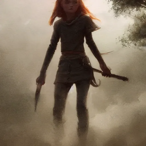 Image similar to a highly detailed epic cinematic concept art CG render digital painting artwork: teenage Sadie Sink in action. By Greg Rutkowski, Ilya Kuvshinov, WLOP, Stanley Artgerm Lau, Ruan Jia and Fenghua Zhong, trending on ArtStation, subtle muted cinematic colors, made in Maya, Blender and Photoshop, octane render, excellent composition, cinematic atmosphere, dynamic dramatic cinematic lighting, precise correct anatomy, aesthetic, very inspirational, arthouse