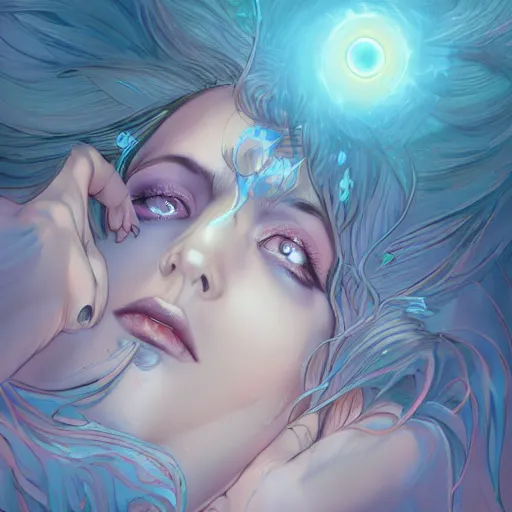 Image similar to Art station concept of a beautiful girls laying in front of a dark deamon, compulsion, Hypnosis, hypnotising, hypnotic eyes, light blue eyes, spiral eyes, symmetrical face, by Stanley Artgerm Lau, WLOP, Rossdraws, James Jean, Andrei Riabovitchev, Marc Simonetti, and Sakimichan, trending on artstation