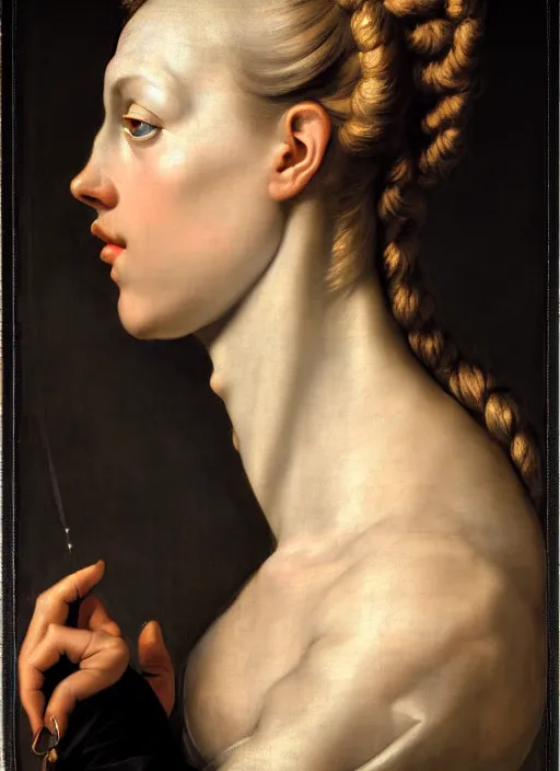 Image similar to a stunning young female cyborg profile face, by annibale carracci, by caspar david friedrich, glamor shot, nikon d 7 5 0, closeup, f / 2. 8, low contrast, 1 6 k, rim lighting, optical fiber, cinematic lighting, insanely detailed and intricate, hypermaximalist, elegant, ornate, hyper realistic