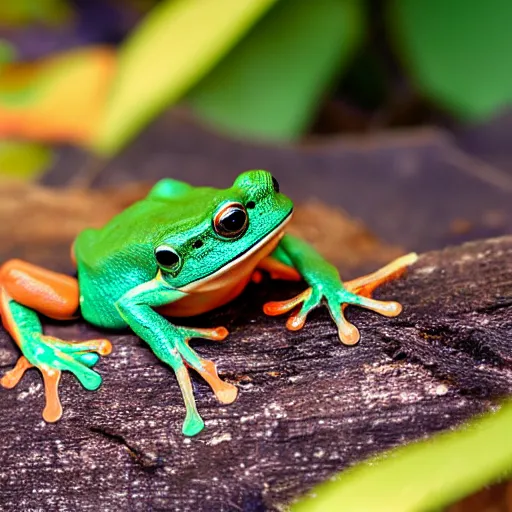 Prompt: photo orange and < teal > frog