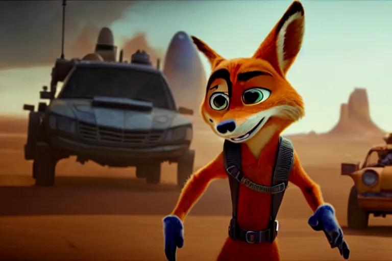 Image similar to nick wilde ( from zootopia ), heavily armed and armored facing down armageddon in a dark and gritty reboot from the makers of mad max : fury road